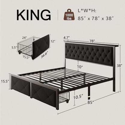 King Size Bed Frame with 2 Storage Drawers, view 3