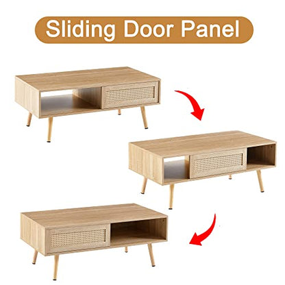 Mid Century Modern Coffee Table with Storage, 41.3 Inch Rectangle Wooden Accent Center Table with Sliding PE Rattan Woven Door Panel and Solid Wood Legs, Suitable for Living Room, Apartment