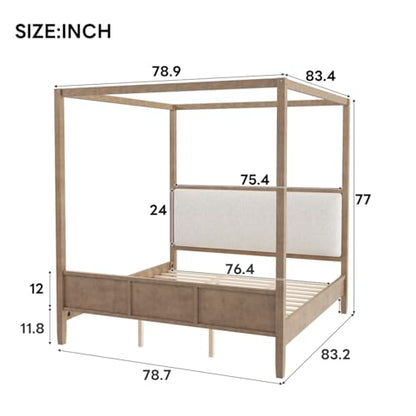 Canopy Bed King Size with Upholstered Headboard, Footboard, Natural, view 3