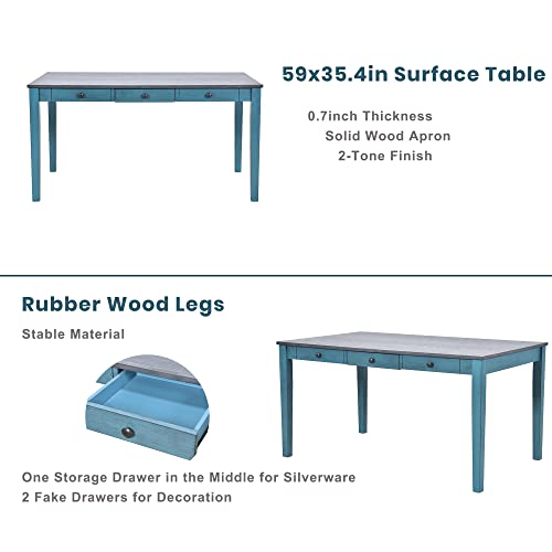 LUMISOL 6-Piece Solid Wood Dining Table Set, Farmhouse Kitchen Table Set with 4 Upholstered Chairs, Bench and Storage Drawers for Kitchen, Dining Room, Living Room, Antique Blue