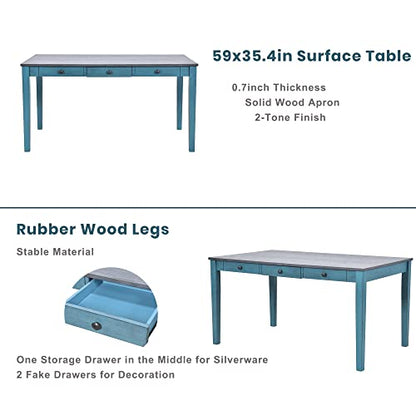 LUMISOL 6-Piece Solid Wood Dining Table Set, Farmhouse Kitchen Table Set with 4 Upholstered Chairs, Bench and Storage Drawers for Kitchen, Dining Room, Living Room, Antique Blue