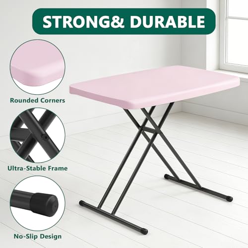Folding Table 30 Inch - Small Desk Adjustable Height TV Tray for Laptop, Couch, Camping - Heavy Duty Utility Foldable Table for Small Spaces, No Assembly Required, Pink Granite