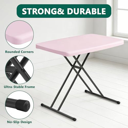 Folding Table 30 Inch - Small Desk Adjustable Height TV Tray for Laptop, Couch, Camping - Heavy Duty Utility Foldable Table for Small Spaces, No Assembly Required, Pink Granite