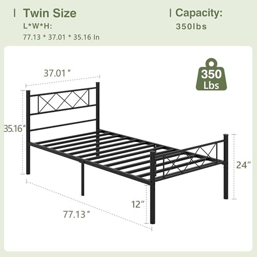 Twin Size Bed Frame with Headboard, Heavy Duty Bedframe with Strong Metal Slats, view 3