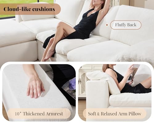 120" Cloud Modular Sectional Sofa, No-Assembly Oversized Chenille Couch with 76.4" Extra-Deep Chaise, Modern White Cloud Couch for Living Room