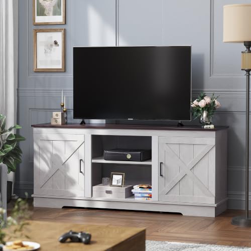 Farmhouse TV Stand with Double Barn Doors, Living Room, Grey White, view 4