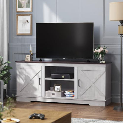 Farmhouse TV Stand with Double Barn Doors, Living Room, Grey White, view 4