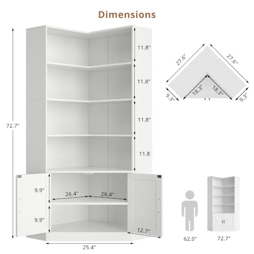 Corner Bookshelf, 72.7" Tall Corner Bookcase with Door, White, view 3