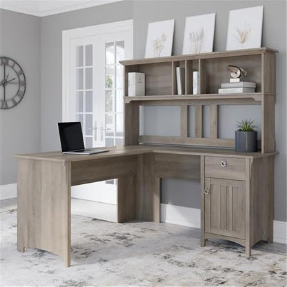 Salinas L Shaped Desk with Hutch in Driftwood Gray | Corner Table with Drawers and Storage for Home Office