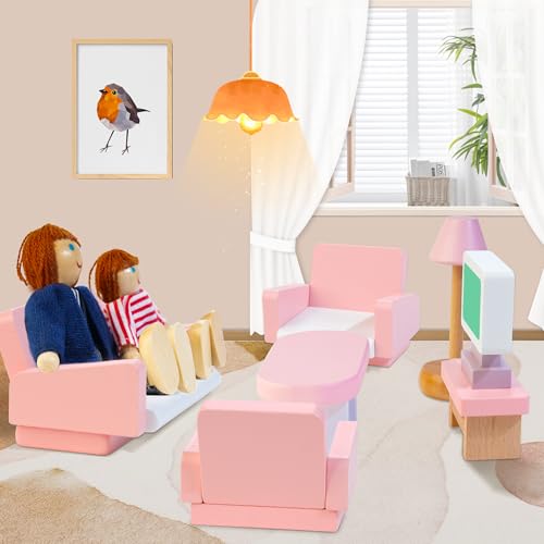 Wooden Dollhouse Furniture Set with 4 Family Dolls, 26 Pcs Pretend Play Dollhouse Accessories for 4 Rooms, Pink Furniture Toys Birthday Gifts for Girls Boys Age 3+