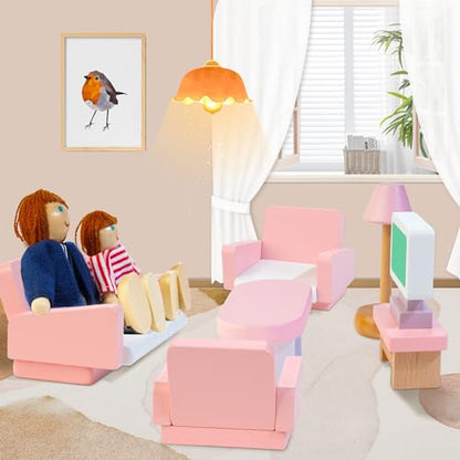 Wooden Dollhouse Furniture Set with 4 Family Dolls, 26 Pcs Pretend Play Dollhouse Accessories for 4 Rooms, Pink Furniture Toys Birthday Gifts for Girls Boys Age 3+