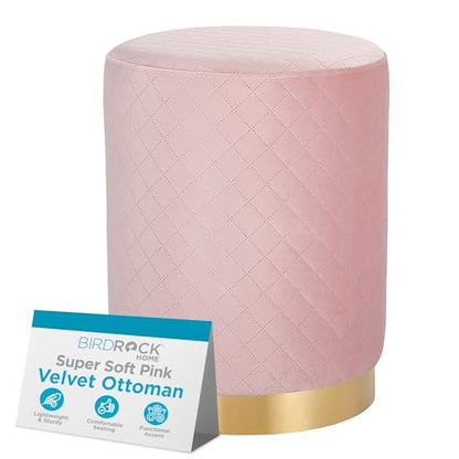 Velvet Round Ottoman Foot Stool with Lattice Design and Gold Trim - Soft, Padded Foot Rest for Living Room or Bedroom – Decorative Foot Ottoman for Chair, Rocking Chair or Couch (Pink)