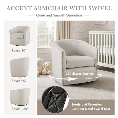 Swivel Barrel Accent Chair, Upholstered Curved Back with 7-Inch Thick Woven Cushion, 360° Swivel, Nailhead Trim, Comfy Chair for Living Room, Bedroom, Office, 28" Wide, Neutral, Tyler