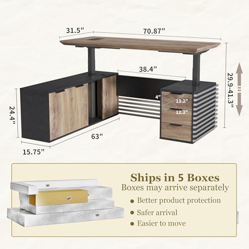 70.87IN Adjustable Heigh L Shaped Executive Desk w/Cabinet Storage, Modern Computer Standing Home Office Desk w/File Cabinet, AC/USB, Large Writing Table Business Workstation