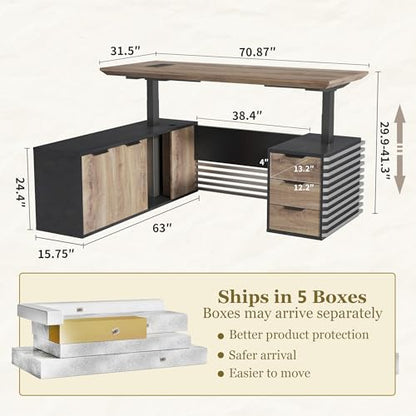 70.87IN Adjustable Heigh L Shaped Executive Desk w/Cabinet Storage, Modern Computer Standing Home Office Desk w/File Cabinet, AC/USB, Large Writing Table Business Workstation