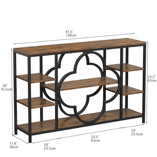 47" Farmhouse Console Tables for Entryway Retro Sofa Table Behind Couch Open Display Storage Shelves for Foyer, Hallway, Front Door,Living Room,Elegant Four-Leaf Clover (Rustic Brown, 47")