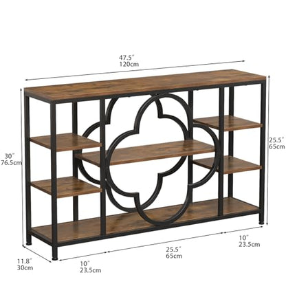 47" Farmhouse Console Tables for Entryway Retro Sofa Table Behind Couch Open Display Storage Shelves for Foyer, Hallway, Front Door,Living Room,Elegant Four-Leaf Clover (Rustic Brown, 47")