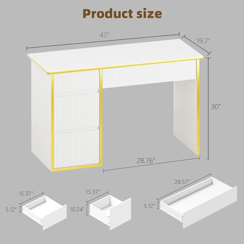 White Desk with Drawers, 47'' Computer Desk with 4 Drawers for Small Spaces, Small Office Desk with File Drawer for Study Room, Bedroom, White and Gold Desk