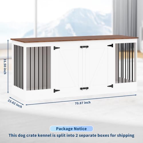 70.8" Large Dog Crate Furniture for 2 Dogs(White), view 3