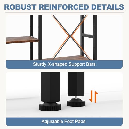 Triple Column 4 Tier Bookshelf with Adjustable Shelves, Wide Convertible Display Unit, Industrial Bookcase for Living Room & Home Office, Sturdy Freestanding Storage Decor Organizer, Rust