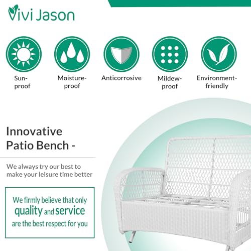 4-Piece Outdoor Patio White Wicker Conversation Sets, All Weather Outdoor Rattan Furniture Set Includes Glider Loveseat, Coffee Table, 2 Rocking Chairs with Cushions for Backyard, Beige