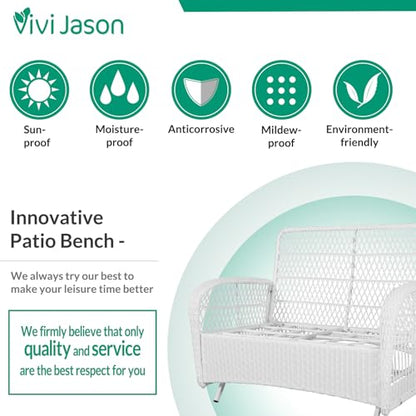 4-Piece Outdoor Patio White Wicker Conversation Sets, All Weather Outdoor Rattan Furniture Set Includes Glider Loveseat, Coffee Table, 2 Rocking Chairs with Cushions for Backyard, Beige