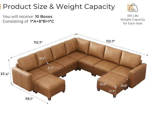 Faux Leather Modular Sectional Sofa with Storage, Mid Century Modern Sectional Couches for Living Room, 113" Wide 9 Seat V Shaped Sectional Couch with Chaise, Brown