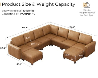 Faux Leather Modular Sectional Sofa with Storage, Mid Century Modern Sectional Couches for Living Room, 113" Wide 9 Seat V Shaped Sectional Couch with Chaise, Brown