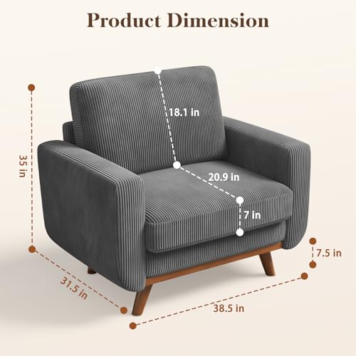 38.5" Accent Chair Dark Gray, Comfy Corduroy Single Sofa Seat with Spring Cushion, Upholstered Armchair with Deep Seat, Reading Chair for Adults, Modern Sofa for Living Room, Bedroom