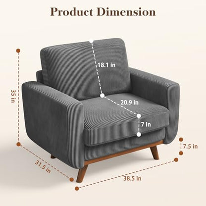 38.5" Accent Chair Dark Gray, Comfy Corduroy Single Sofa Seat with Spring Cushion, Upholstered Armchair with Deep Seat, Reading Chair for Adults, Modern Sofa for Living Room, Bedroom