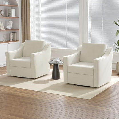 Swivel Accent Chairs Set of 2, 360° Swivel Upholstered Club Armchairs for Living Room, Comfy Single Sofa Reading Chair with Deep Seat, Metal Swivel Base, Chenille Fabric, Beige