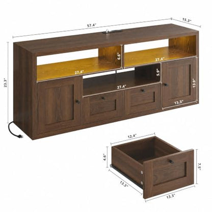TV Stand for TVs up to 65", Walnut Entertainment Center with LED, view 3