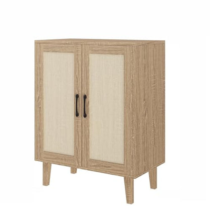 Buffet Cabinet Sideboard with Rattan Decorated Doors Kitchen Storage Cupboard Accent Cabinet (Natural Wood)