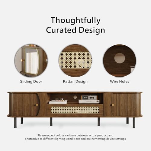 71" Fluted TV Stand with Sliding Doors, TV Consoles for Living Room, Walnut, view 4