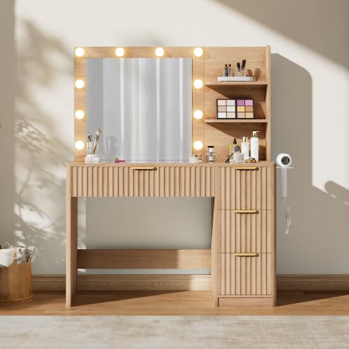 36" Fluted Vanity Desk with Mirror, Adjustable LED, 4 Drawer, Oak, view 4
