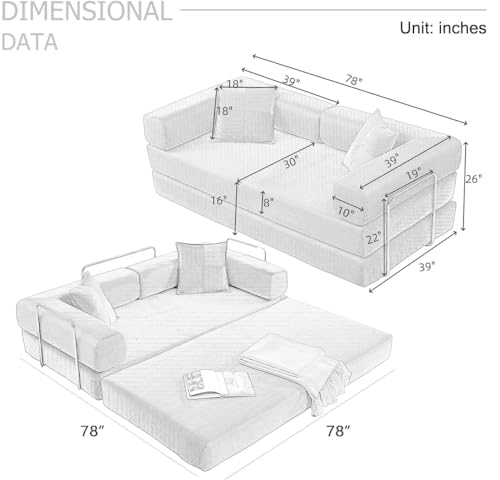 4-in-1 Folding Convertible Sofa Bed, 78 Inch Oversized Corduroy Upholstered Boneless Couch, Loveseat Sleeper with Pull Out Bed, Floor Sofa Modular Futon Couch for Living Room Bedroom Lounge, Green