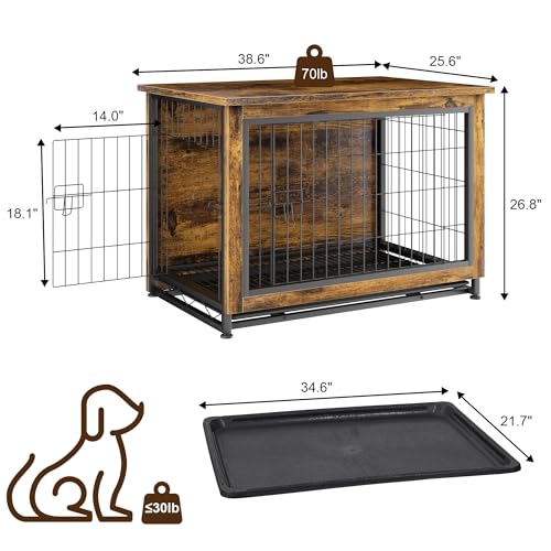 JY QAQA Dog Crate Furniture, Wooden Dogs Crate Table, Double-Doors Dog Furniture, view 3