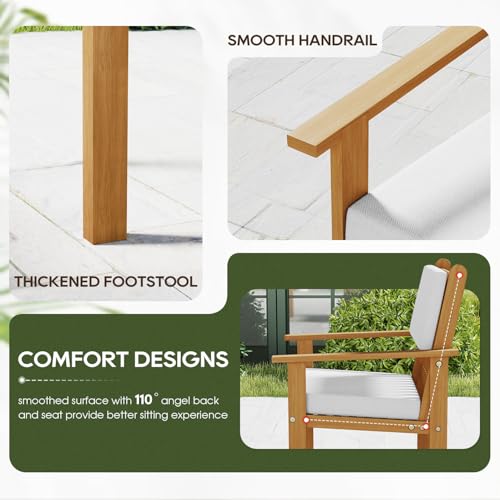 3-piece Patio Furniture Set Acacia Wood Patio Bistro Set Outdoor Chat Conversation Table Chair Set Wood Chat Set with Water Resistant Cushions and Coffee Table Chairs for Beach Backyard Garden