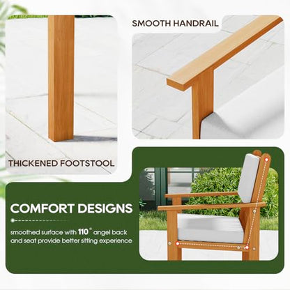3-piece Patio Furniture Set Acacia Wood Patio Bistro Set Outdoor Chat Conversation Table Chair Set Wood Chat Set with Water Resistant Cushions and Coffee Table Chairs for Beach Backyard Garden