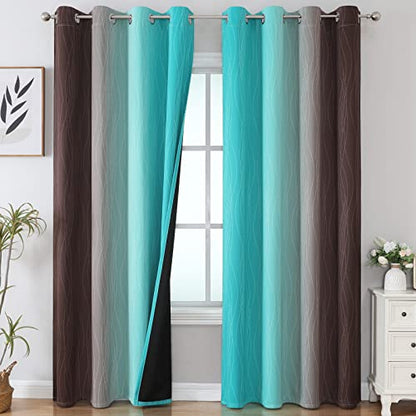 Teal and Brown Blackout Curtains for Bedroom, Thermal Insulated Drapes 108 Inches Long, Full Light Blocking Energy Saving Long Curtains for Living Room, 52Wx108L, 2 Panels