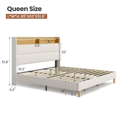 Queen Bed Frame with 51.8" Wingback Bookcase Storage Headboard, Cream Beige Upholstered Platform Bed with Charging Station (Type-C) & LED Lights, No Box Spring Needed, Cream Aesthetic