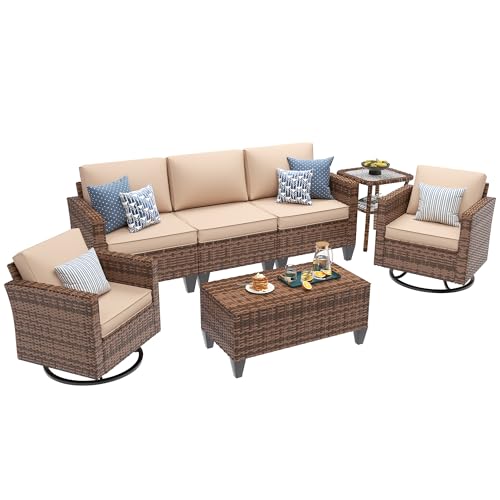 Patio Furniture Set, 5 Pieces Outdoor Conversation Sets with Rocking Swivel Chairs, Wicker Rattan Outdoor Sofa Set with Storage Table and Waterproof Covers for Backyard, Deck, Porch, Khaki