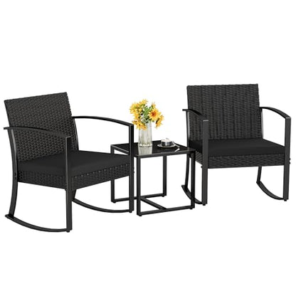 Patio Furniture Set 3 Piece Resin Outdoor Bistro Set Rocking Patio Chairs with Cushions and Table for Porch, Poolside, Balcony and Yard (Black)