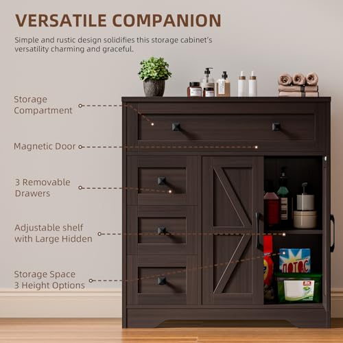 Farmhouse Storage Cabinet with 2 Doors and 4 Drawers, Freestanding Bathroom Storage Cabinet Kitchen Pantry, Floor Cupboard for Living Room/Bathroom/Kitchen,Espresso