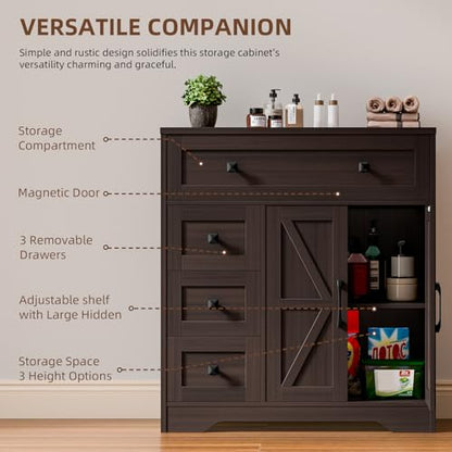 Farmhouse Storage Cabinet with 2 Doors and 4 Drawers, Freestanding Bathroom Storage Cabinet Kitchen Pantry, Floor Cupboard for Living Room/Bathroom/Kitchen,Espresso