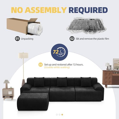 118" Modern L Shaped Modular Sectional Sofa, Boneless Cloud Couch with Ottoman, Oversized Corduroy Couch Deep Seat, 30D Sponge for Indoor Living Room, No Assembly Required(Black)