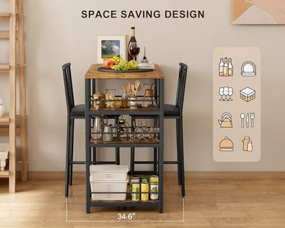 Dining Table Set for 2 with 3 Storage Shelves, Kitchen Table and Chairs for 2 with Pu Cushion Chairs & Thick Wood Top, 3 Piece Dining Table Set for Small Space, Apartment - Retro