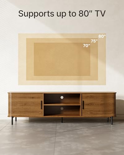 70" Mid-Century Fluted TV Stand with Storage up to 80 Inch, Walnut | Modern Entertainment Center with Sliding Doors & Open Shelves