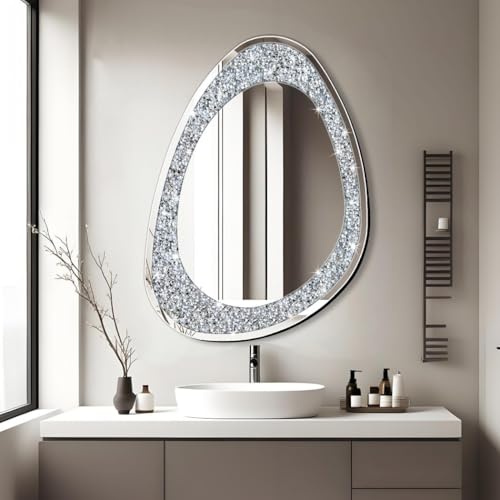 Modern Irregular Shaped Wall Mirror – 32x23.5 Inch Decorative Oval Diamond Decor Mirror for Living Room, Bedroom, Bathroom, Entryway