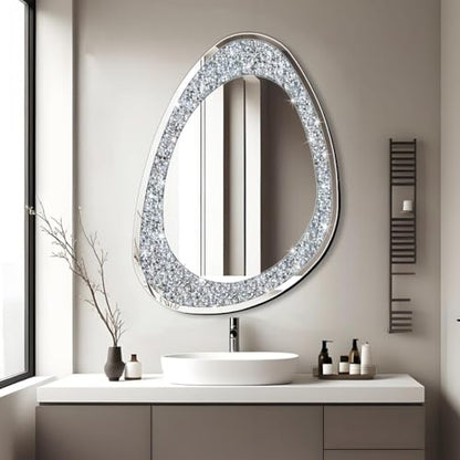 Modern Irregular Shaped Wall Mirror – 32x23.5 Inch Decorative Oval Diamond Decor Mirror for Living Room, Bedroom, Bathroom, Entryway